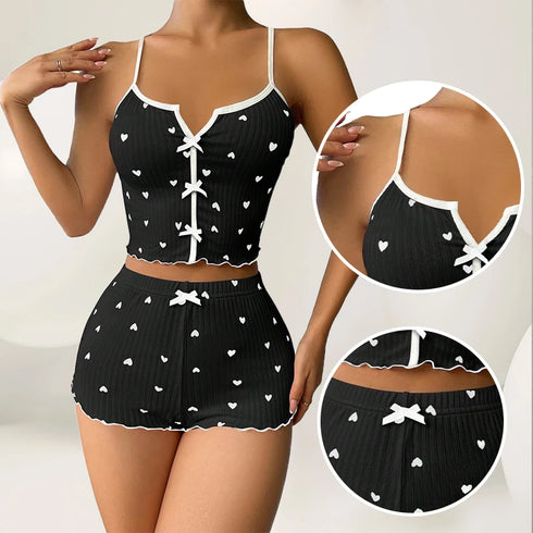 Heart Print Women's Pyjama Set with Frill Trim