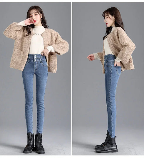 Women's Fleece-Lined High-Waisted Slim Fit Jeans