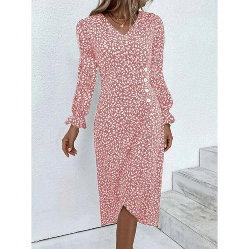 Elegant Floral Pleated Midi Dress with V Neck Puff Sleeves