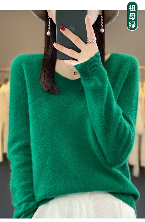 100% Merino Wool V-Neck Pullover Sweater for Women