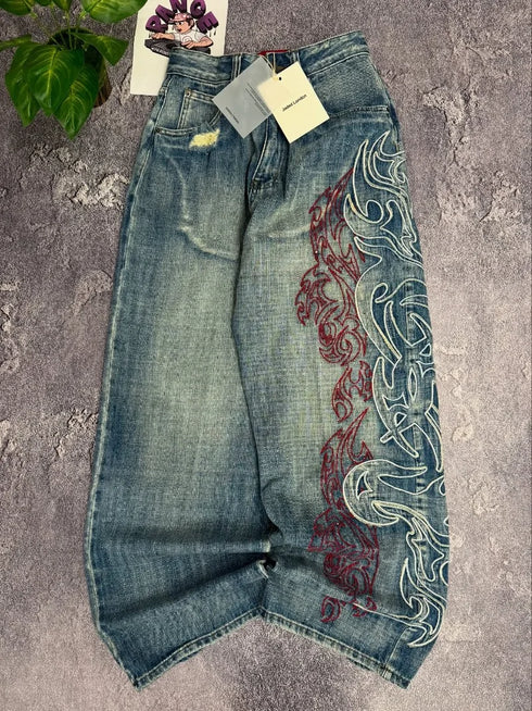 Embroidered Baggy Wide Leg Jeans for Women
