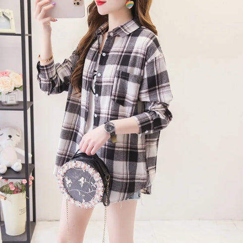 Loose Fit Cotton Plaid Shirt for Women
