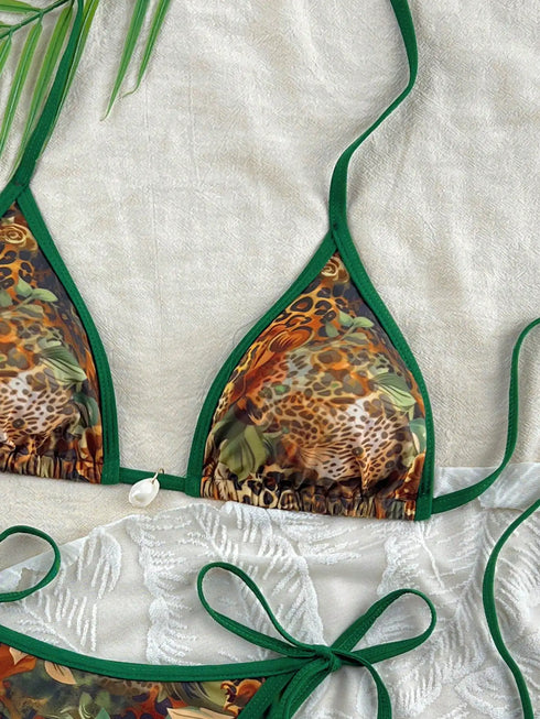 Green Border Leopard Print Bikini Swimsuit
