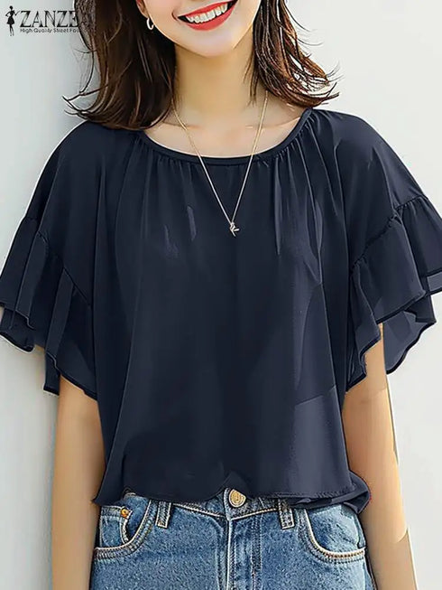 ZANZEA Women Chiffon Blouse Korean Casual Ruffle Short Sleeve Tops Shirt Elegant Ruffle Hem Blusas 2024 Summer Fashion Tunics