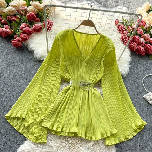 Purple Solid Casual Pullover V-Neck Loose Flare Sleeve Folds No Belt Women's Blouse Shirt Female Clothing Tops 2024 Fashion