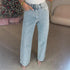 High Waist Straight Leg Denim Jeans with Diamond Detail