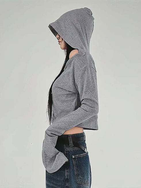 Y2K Grey Cropped Hoodie with Flare Sleeves