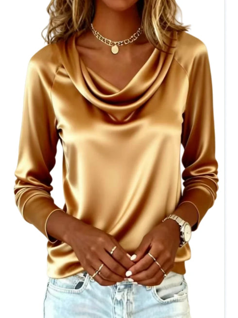 Luxurious Draping Long Sleeve Silk-Like Top