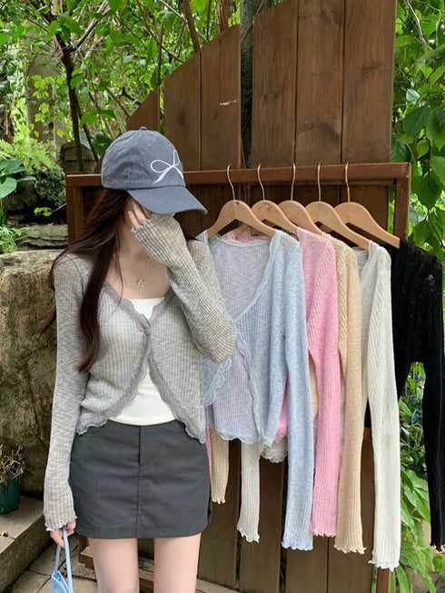 Lace Trim Long Sleeve Crop Top Cardigan for Summer