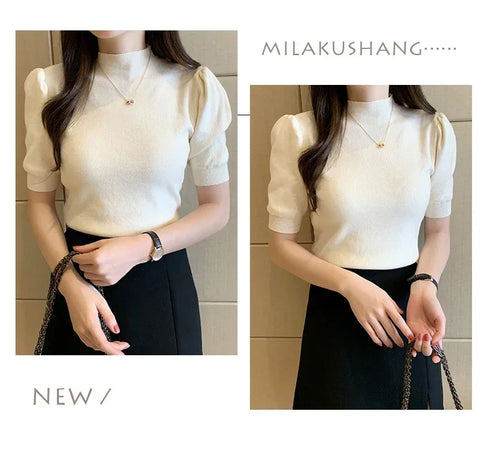 Women's Puff Sleeve Knitted Blouse with Half Turtleneck