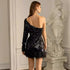 Open-Back Sequined Mini Dress with Feather Detail