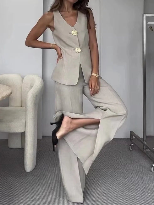 Women's V-Neck Sleeveless Waistcoat & Wide Leg Pant Set
