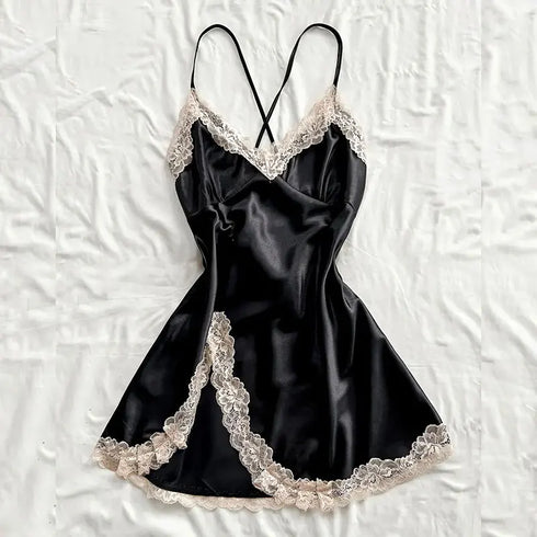 Lace Trim Satin Nightgown in Black
