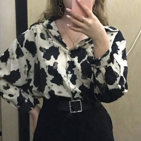 Spring Cow Print Button-Up Blouse for Women