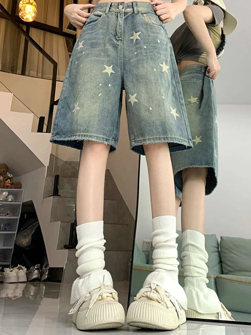 High Waist American Retro Wide Leg Denim Shorts