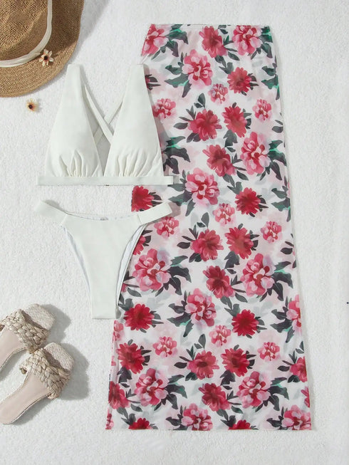 Floral Three-Piece Bikini Set