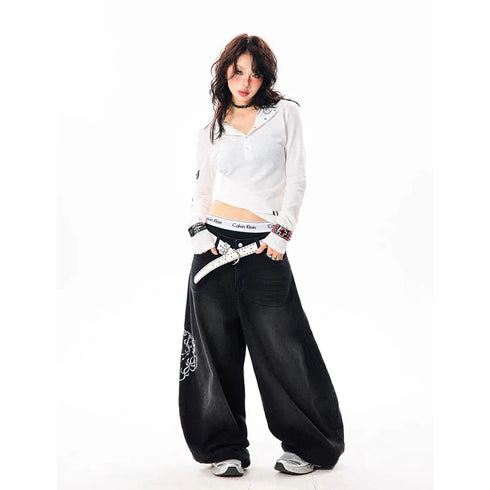 Vintage Embroidery Wide Leg Jeans for Women