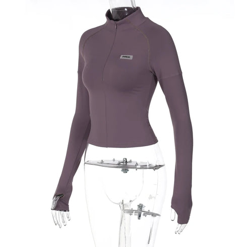 Y2K Long Sleeve Zip Crop Top for Women