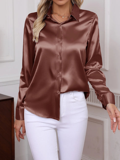Elegant Turn-down Collar Button-front Satin Long Sleeve Women's Shirt for Daily Commute And Business Casual Wear