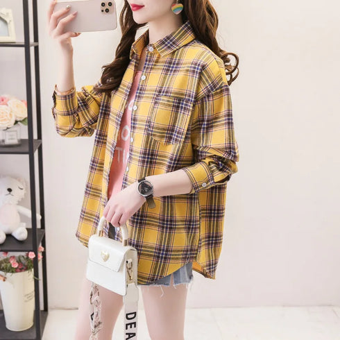Loose Fit Cotton Plaid Shirt for Women