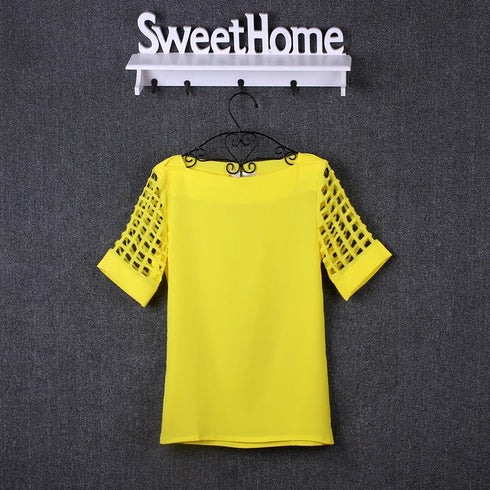 Summer Blouse Sexy Women Ladies Hollow Sleeve Slash Neck Loose Solid Shirts Casual Tops