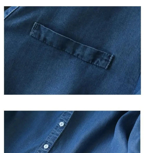 Blue Denim Lyocell Casual V-Neck Blouse