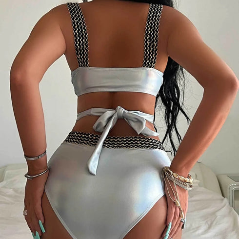 High Waisted Silver Bikini with Wire Detail