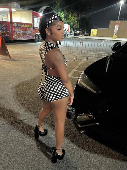 Polka Dot Print Bodysuit and Peach Shorts Set