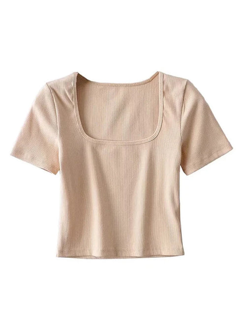 Square Neck Rib Crop T-shirt for Summer Casual Wear