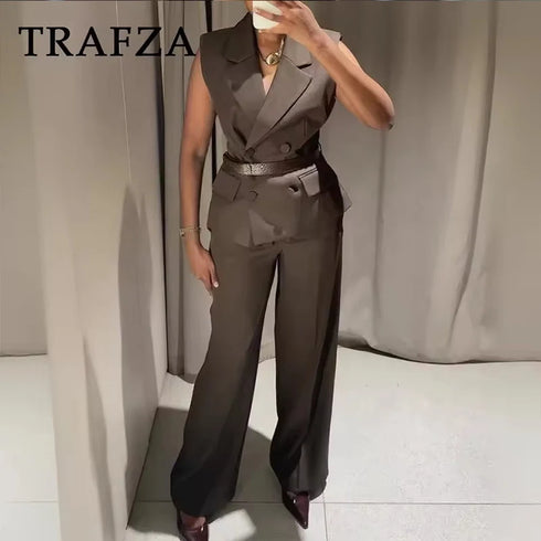 Elegant V-Neck Two-Piece Set with Wide-Leg Pants