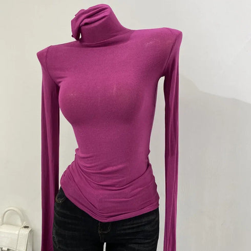 Turtleneck Long Sleeve Women's Top - See-Through Style