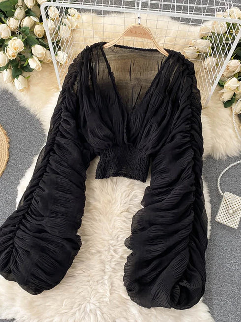 Elegant V-Neck Puff Sleeve Chiffon Blouse