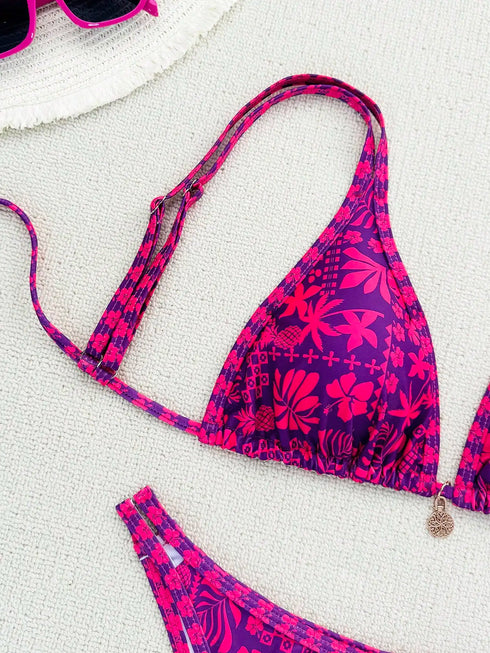 Purple Floral Print Bikini Set for Women