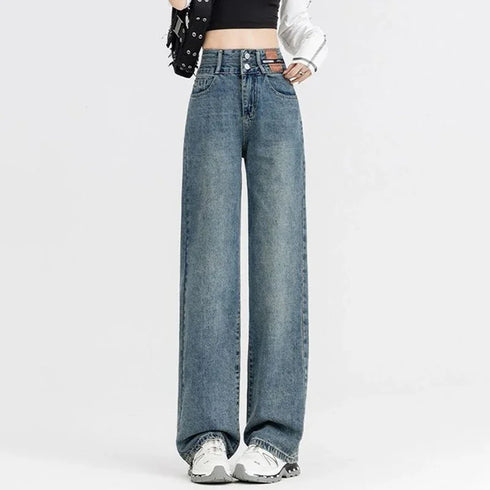 High Waist Denim Jeans with Double Buckle Design