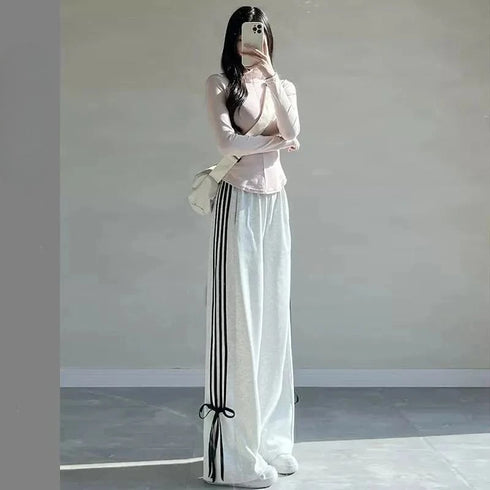 Plus Size Y2K Wide Leg Pants with Bow Tie Detail