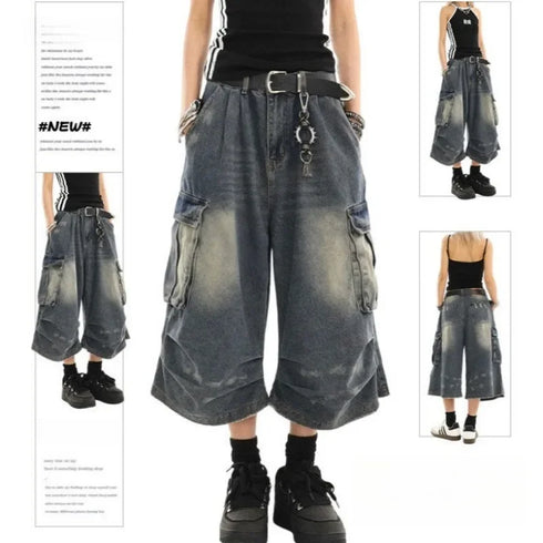 High Waist Vintage Blue Denim Cargo Pants