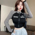 Korean Retro High Neck Cropped Top with Zipper