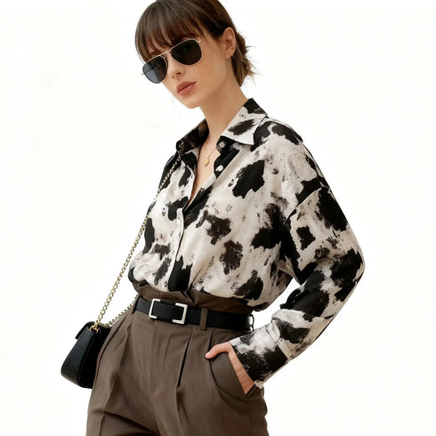 Spring Cow Print Button-Up Blouse for Women