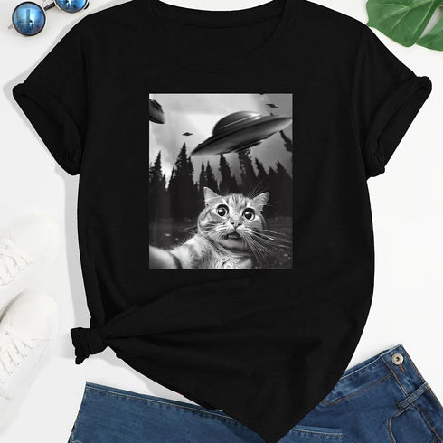 Cat & UFO Print Crew Neck T-Shirt, Casual Short Sleeve Top for Spring & Summer