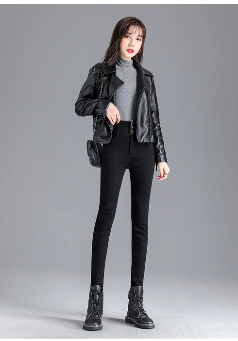 Women's Fleece-Lined High-Waisted Slim Fit Jeans