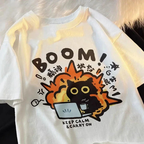 Oversized Cartoon Cat Print T-shirt for Women