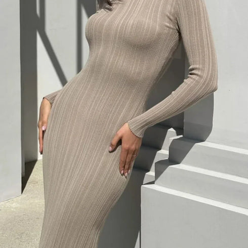 Women Spring Autumn Solid Color Bodycon Knit Dress Long Sleeve Crew Neck Ribbed Dress Slim Fit Long Dress for Effortless Elegance