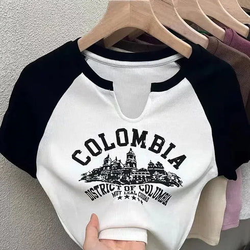 Casual O-Neck Short Sleeve Letter Print Crop Top
