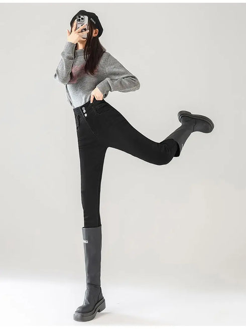 High Waist Fleece Lined Skinny Jeans for Women