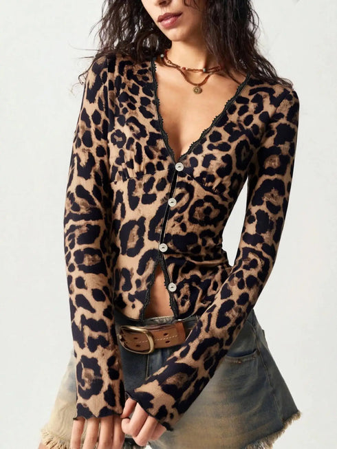 Women's Long Sleeve Cardigan Leopard Print Deep V Button Front Ribbed Lace Trim Spring Summer Retro Trendy Daily Dating Casual