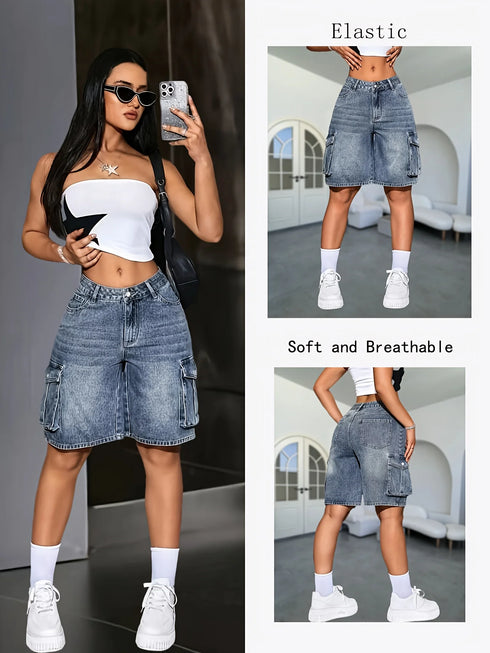 Women's Multi-Pocket Blue Overalls