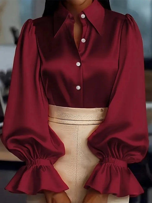 Elegant Satin Blouse with Ruffled Cuff Sleeves