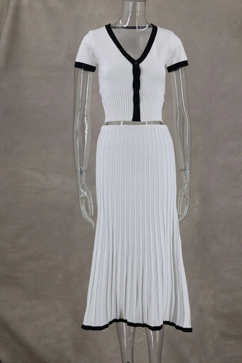 Elegant White Pleated Skirt Set with Short Sleeve Top