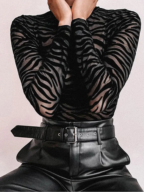 Black Mesh Long Sleeve Bodysuit for Women