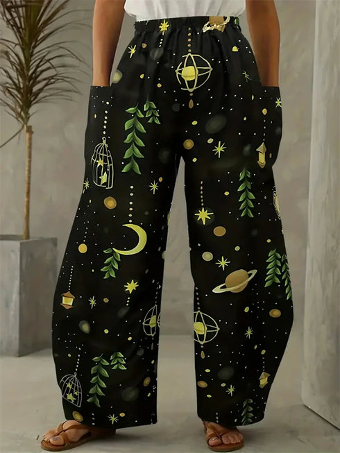 Abstract Star and Moon Print Wide-Leg Pants